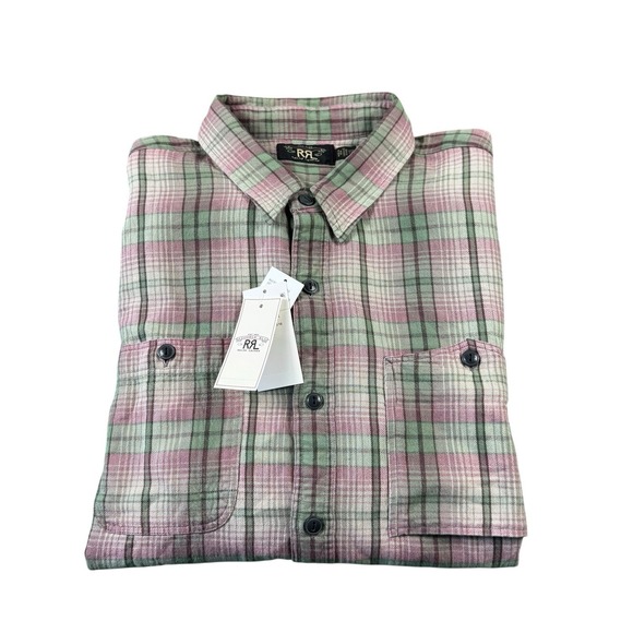 RRL Ralph Lauren Green Pink Twill Checked Dual Pocket Button Front Size 2XL NWT - Picture 2 of 6